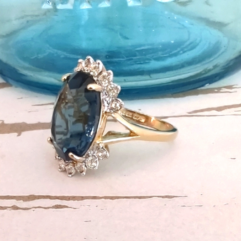 Vintage Huge "Joseph Esposito", ESPO 14k GE Sapphire Blue Diamonique Ring - Picture 5 of 8